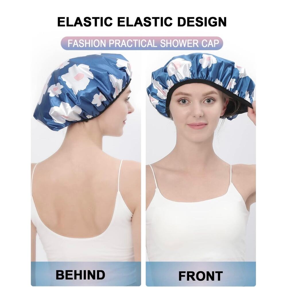 NWT Blue Floral Terry Lined Triple Layer Extra Large Reusable Shower Cap OS